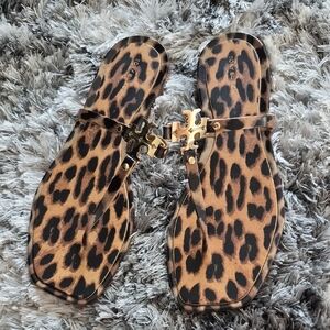 Tory Burch Leopard Print Tan and Black Leather Slide Sandals with Gold Logo